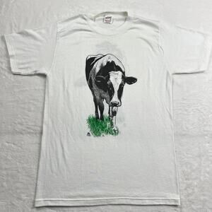 LSJ sportswear Cow Grass Print Front & Back T-Shirt Size medium USA 1983 single